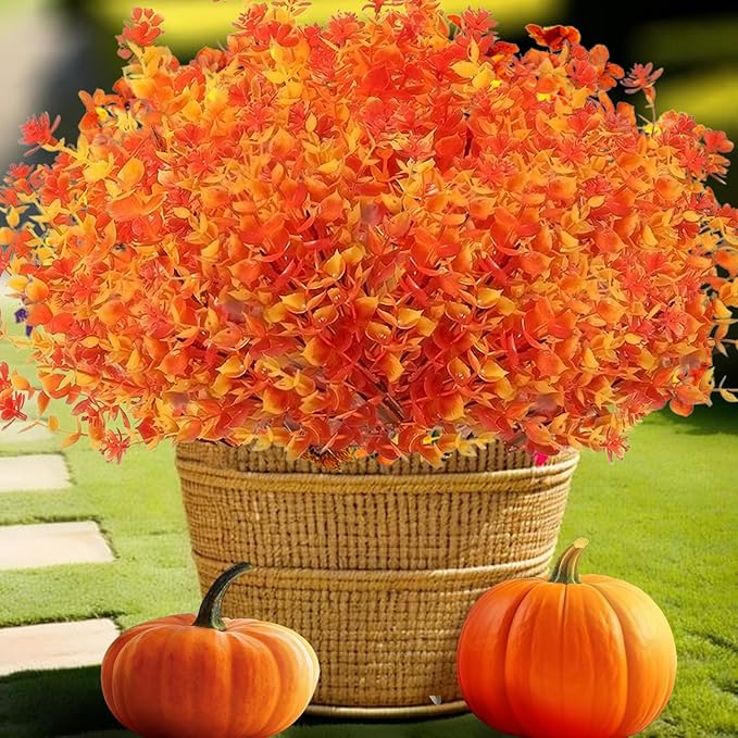Artificial Fall Flowers for Outdoors, 10 Bundles Artificial Plants UV Resistant Fall Fake Mums Plants for Outside Halloween Christmas Porch Decoration Fall Decor(Orange(Eucalyptus))