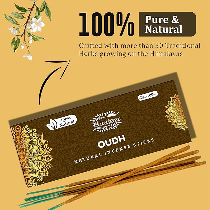 Pure Oud Agarwood Incense Sticks, 100%-Natural Charcoal Free Organic Non Toxic Clean Burning Handmade Insence Sticks 100 gm Pack, Raajsee Meditation Gifts – Spritual Cleansing
