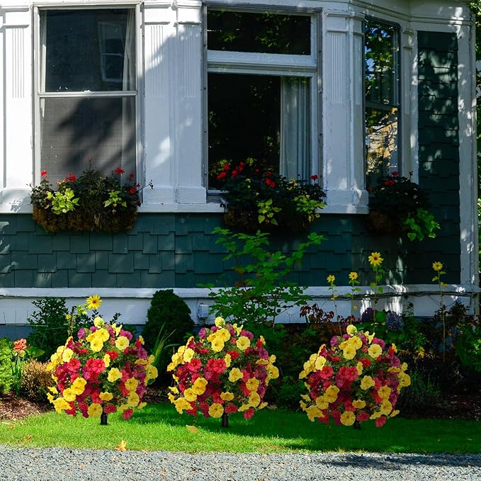 2 Bundles Artificial Flowers for Outdoors with Ground Spikes,21.65 Inch Morning Glory Eucalyptus Topiary Ball Trees, UV Resistant Faux Shrubs Fake Plants for Porch Outdoor Garden Decor (Muti-Color)