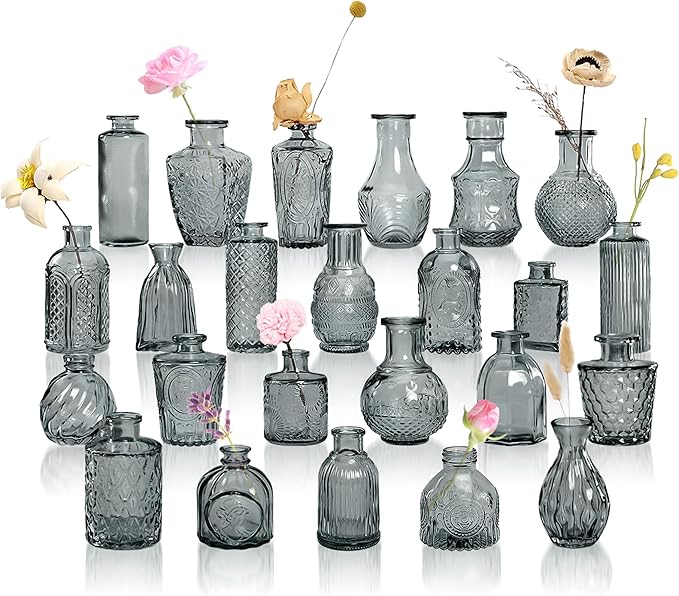 Grey Bud Vases in Bulk 24, Embossed Glass Small Vases for Flowers, Vintage Mini Flower Vase for Centerpieces, Wedding Decoration, Party, Baby Shower, Birthday, Home Decor, Living Room, Office