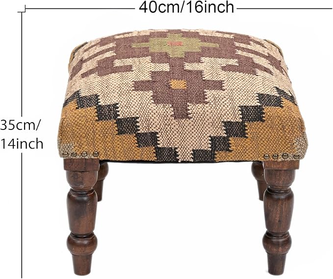 Handmade Jute Soft Ottomans Square Shape Stool for Sitting and Foot Rest with Wooden Legs, Entryway Modern Stool for Living Room, Bedroom, Hall (Yellow, L 15.74 x W 15.74 x H 14 inch)