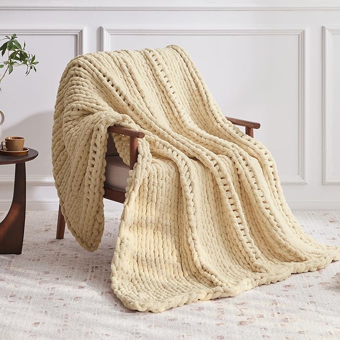 Chunky Knit Throw Blanket, 50''*60'' Knitted Throw Chenille Yarn for Bed Couch, Handmade Oatmeal Crochet Big Thick Blanket, Machine Washable Cute Comfy Blanket for Home Decor