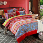 ABREEZE Bohemian Duvet Cover Set Colorful Red Boho Retro Bedding Set Damask Paisley Cotton Duvet Cover Tribal Reversible Bedding Exotic Style Comforter Cover 3-Piece King