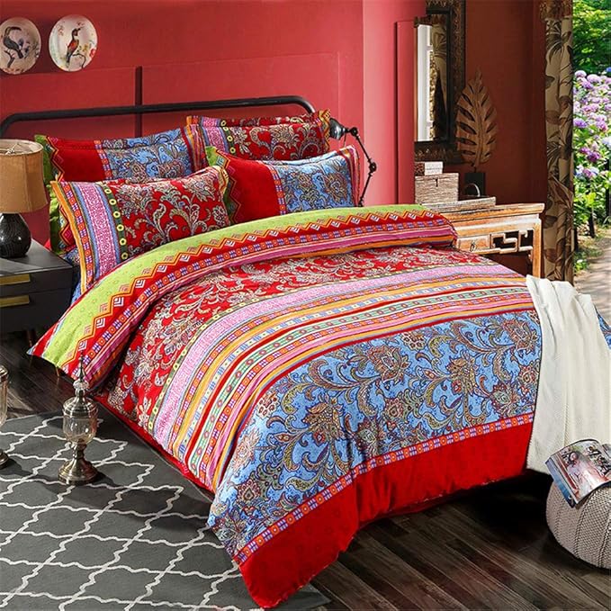 ABREEZE Bohemian Duvet Cover Set Colorful Red Boho Retro Bedding Set Damask Paisley Cotton Duvet Cover Tribal Reversible Bedding Exotic Style Comforter Cover 3-Piece King