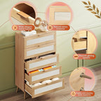 WLIVE Rattan Dresser for Bedroom, 5 Drawer Wood Boho Dresser Storage with Gold Metal Handle, Chest of Drawers for Living Room, Closet, Hallway, Light Oak