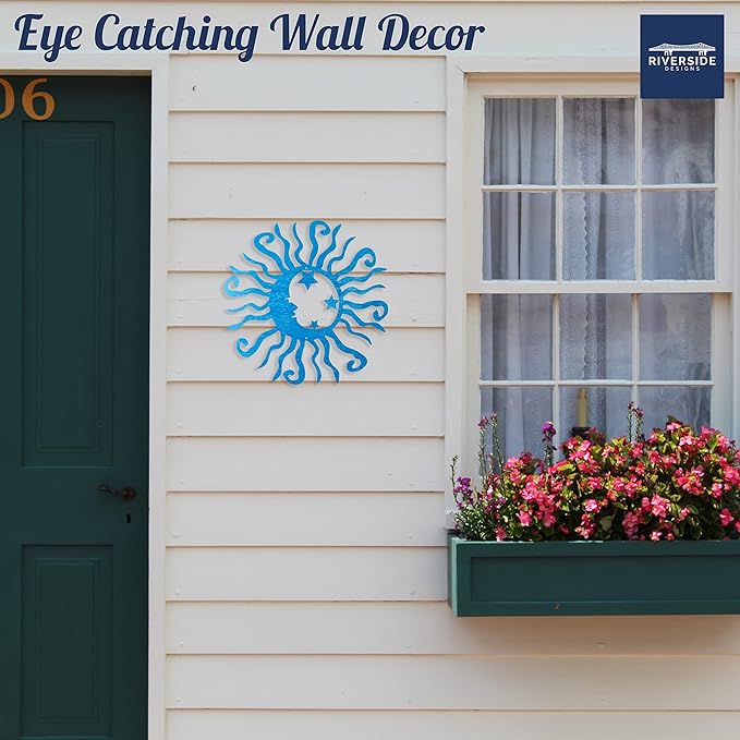 Riverside Designs Wacky Solar Moon Metal Wall Art Steel Outdoor Decor | Heavy-Duty and Waterproof | Made in USA (Teal, 18L x 18W)