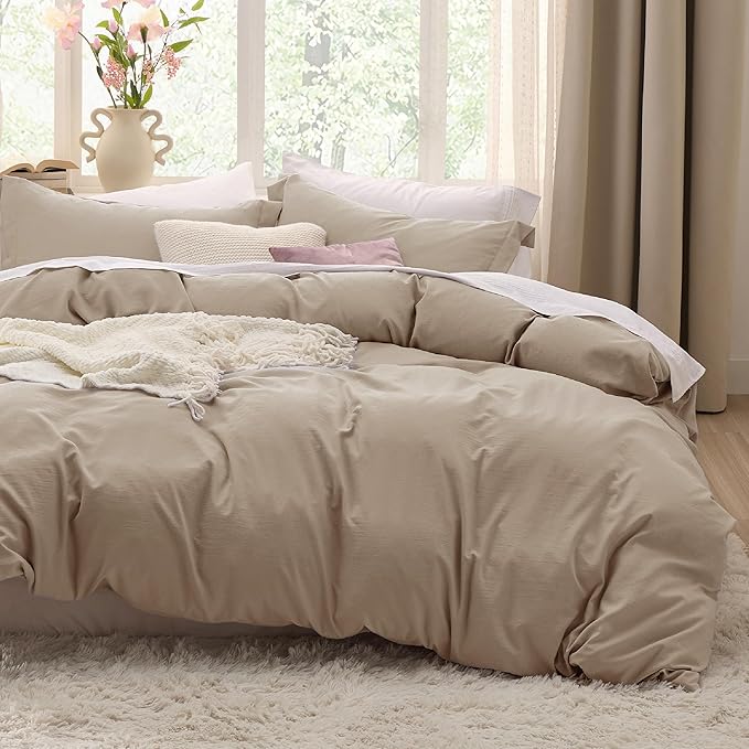Bedsure Deep Beige Duvet Cover Queen Size - 3 Pieces Prewashed Cotton-Like Extra Soft Bedding Set, Includes 1 Duvet Cover 90x90 Inches with Zipper Closure & 2 Pillow Shams, Comforter Not Included