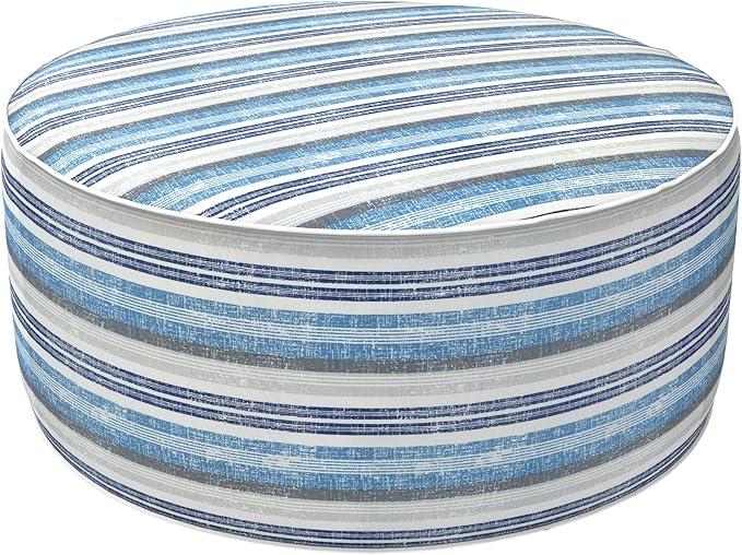 LVTXIII Outdoor Inflatable Ottoman, Fade-Resistant Round Footrest Stool D31”x H14”, Portable Patio Pouf for Garden Camping or Home Use, Stripe Layered Blue