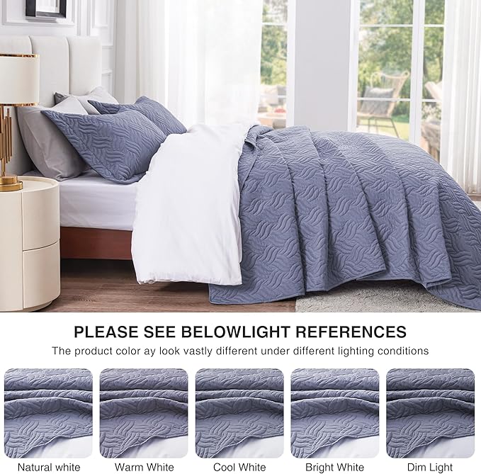 Love's cabin King Size Quilt Bedding Set Bluish Grey Bedspreads - Bed Summer Lightweight Bedspread Comforter - Wave Pattern Bedding Coverlet for All Season - 3 Pieces (1 Quilt, 2 Pillow Shams)