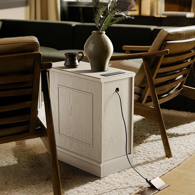 Nightstand with Charging Station, Vintage Wood End Table with 3 Drawer, Victoria Narrow Side Table, Slim Bedside Tables for Bedroom, Pre-Installation, Light Gray