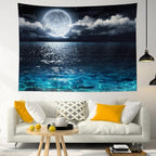 LB Blue Ocean Moon Tapestry White Cloud and Full Moon Over Ocean Tapestry Wall Hanging Fantasy Night Sky Wall Art for Bedroom Living Room Dorm Wall Decor,80 x 60 Inches
