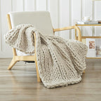WESHIONGOO Chunky Knit Blanket Throw 40"×40" Knitted Throw Blankets for Couch Bed Fluffy Soft Blanket with Jumbo Chenille Yarn Thick 100% Handmade (Linen)