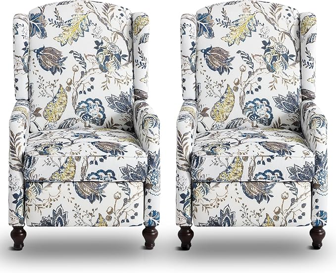 Wingback Recliner Chair, Traditional Push Back Recliner Chair with Padded Seat, Upholstered Wingback Chair, Mid Century Modern Floral Recliner for Living Room(2, Blue Floral)