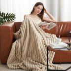 Amélie Home Faux Fur Throw Blanket for Couch, Cozy Fuzzy Fluffy Fur Luxurious Soft Striped Plush Gift Blankets for Family Sofa Chair Bed Living Room Bedroom, 55"x70", Beige