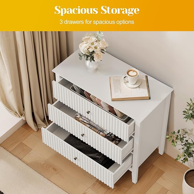 Large White Fluted 3 Drawer Dresser Set of 2, Chest of Drawers with Ball Bearing Slide Modern 30 inch Tall Wood Nightstand with Spacious Storage for Bedroom Hallway Living Room Entryway