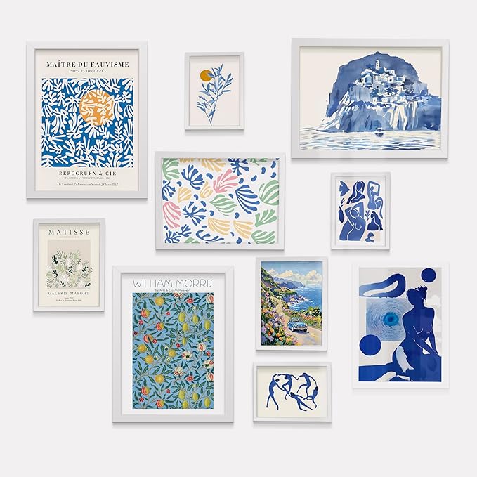 Kitchen Pictures Wall Decor Framed Wall Art Set of 10, White Framed William Morris Wall Art, Blue Artworks for Matisse Prints Set for Room Decor Aesthetic