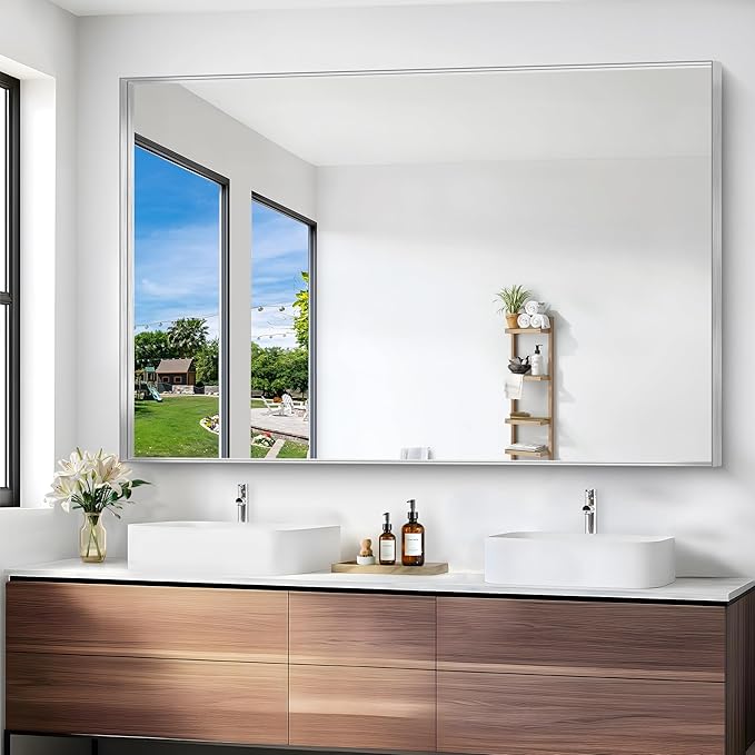 Silver Bathroom Mirror, 60x40 Inch Rectangular Framed Mirror, Large Wall Mounted Bathroom Vanity Mirror Over Sink for Bedroom,Restroom, Living Room, Hangs Vertically or Horizontally
