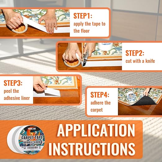 YONGJIN Double Sided Carpet Tape - Heavy Duty Rug Tape Gripper for Hardwood Floors No Damage, Secures Area Rugs, Laminate & Tile (1.41Inch + 2Inch, 2 Rolls, Total 20 Yards)