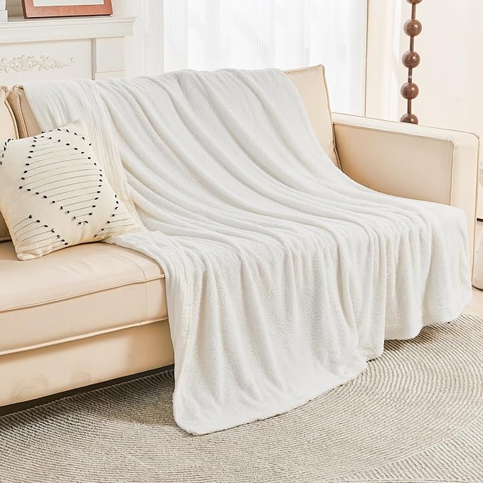 EMME White Throw Blanket Muslin and Fleece Blanket for Women Reversible - 50"*60" Soft & Cozy Warm Lightweight Small Blankets for Couch Bed Picnic Travel Bed