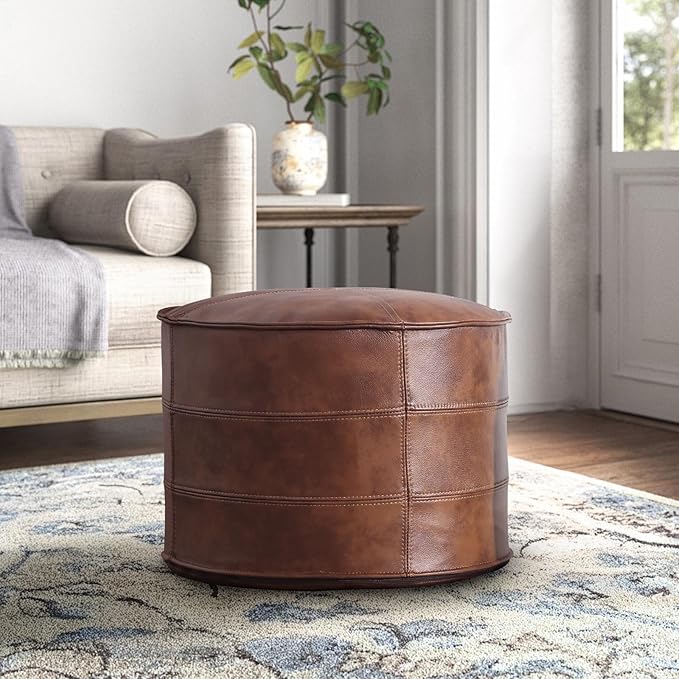 Leather Ottoman,Handmade Stuffed Square Ottoman,Genuine Leather Pouf, Foot Rest Pouf,Comfortable Soft Seating for Living Room & Bedroom (Brown, Round)