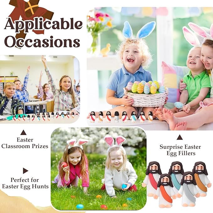 Bememo 100 Pcs Jesus Toys Original Design Mini Rubber Little Jesus Figurine to Hide and Seek Religious Party Favors Sunday School Craft Baptism Gifts for Easter Egg Stuffers (Bohemian Color)