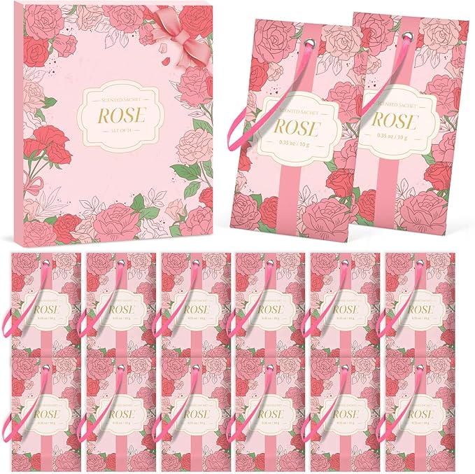 SCENTORINI Scented Sachets for Drawers and Closets, Rose Scent 14 Pack, Long-Lasting Sachets Bags Wardrobe Freshener, for Drawers, Closets, Cars