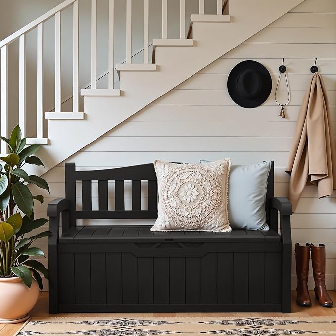 Greesum 80 Gallon Outdoor Storage Bench, Resin Patio Furniture with Armrest,Waterproof and UV-Resistant, Perfect to Garden, Poolside and Lawn, Dark Black