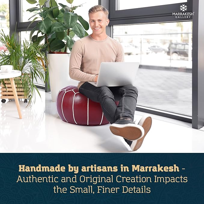 Marrakesh Gallery Genuine Leather Round Pouf Unstuffed - Moroccan Ottoman Footstool, Footrest Cover - Boho Decor - Bohemian Living Room, Bedroom, Kids Room, Gift & Wedding