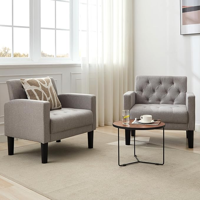 TYBOATLE Accent Chairs Set of 2 Comfy Living Room Chair Tufted Mid Century Modern Accent Chair, Cozy Upholstered Reading Arm Chair for Office, Bedroom (Light Grey, Set of 2)