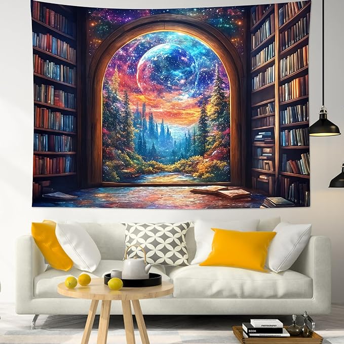 LB Fantasy Bookshelf Moon Tapestry, Trippy Tree and Vintage Library in Forest Wall Tapestry for Bedroom, Galaxy Cool Wall Art for Living Room Dorm Classroom Home Decor Ready to Hanging, 92.5 x 70.9 Inches