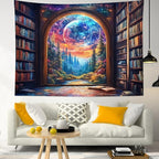 LB Fantasy Bookshelf Moon Tapestry, Trippy Tree and Vintage Library in Forest Wall Tapestry for Bedroom, Galaxy Cool Wall Art for Living Room Dorm Classroom Home Decor Ready to Hanging, 80 x 60 Inches