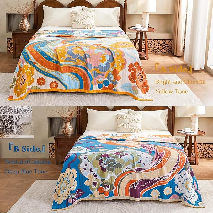 Boho Throw Blanket, Lightweight Blankets for Summer, 100% Cotton Bohemian Decorative Throw Blanket, 90"x98" Reversible Muslin Breathable Woven Farmhouse Blankets Quilt,