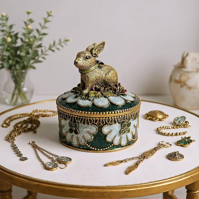 Handcrafted Rabbit Jewelry Box, Antique Gold Finish with Enamel Accents, Vintage Trinket Box for Rings and Small Keepsakes, Decorative Bunny Figurine Ornament
