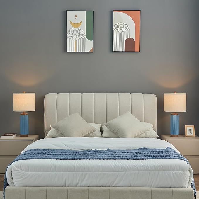 Ceramic Table Lamp Set of 2, 25" Modern Farmhouse Bedside Lamps with Oatmeal Linen Shade & USB A+C Ports, 3-Way Dimmable Nightstand Lamps for Living Room, Bedroom, Dining Room