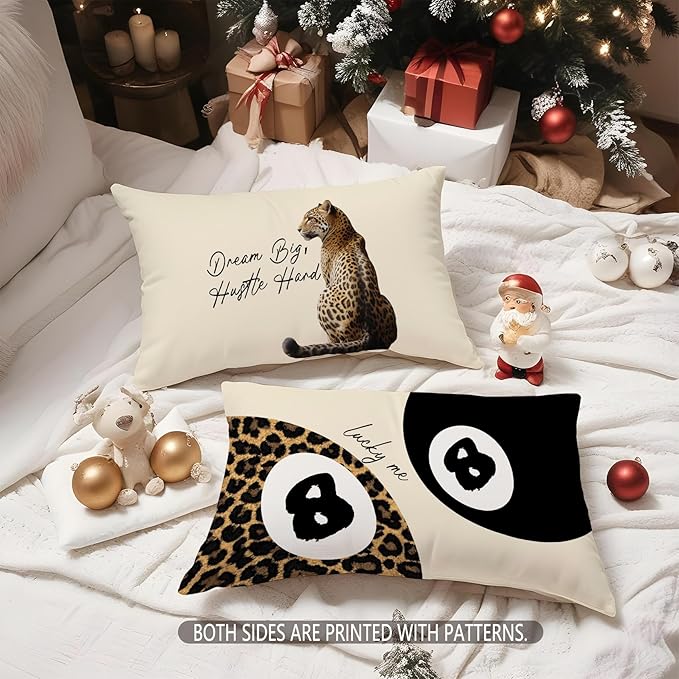 Trendy Leopard Lucky 8 Ball Pillow Covers 20x12, Cheetah Leopard Print Room Decor, Funky Preppy Leopard and Black Billiards Decorative Throw Pillow Covers for Girls Dorm Apartment，Set of 2