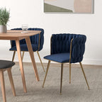 Nrizc Woven Dining Chairs Set of 6, Velvet Upholstered Dining Chairs with Gold Metal Legs, Modern Accent Chairs for Living Room, Dining Room, Kitchen (Blue)