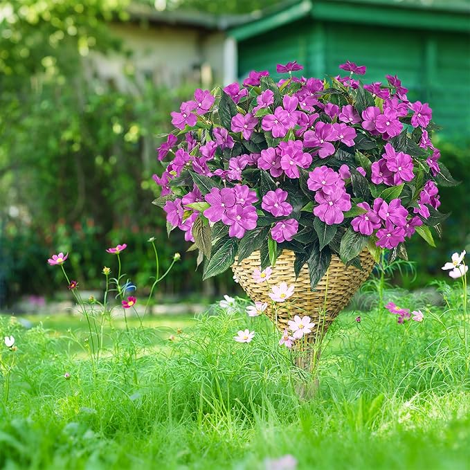 Artificial Impatiens Bouquet Flowers for Outdoors Silk Faux Flowers for Outdoor Impatiens Plants Decor Indoor Planters Kitchen Planters and Balcony Decorations 4PCS (Purple)