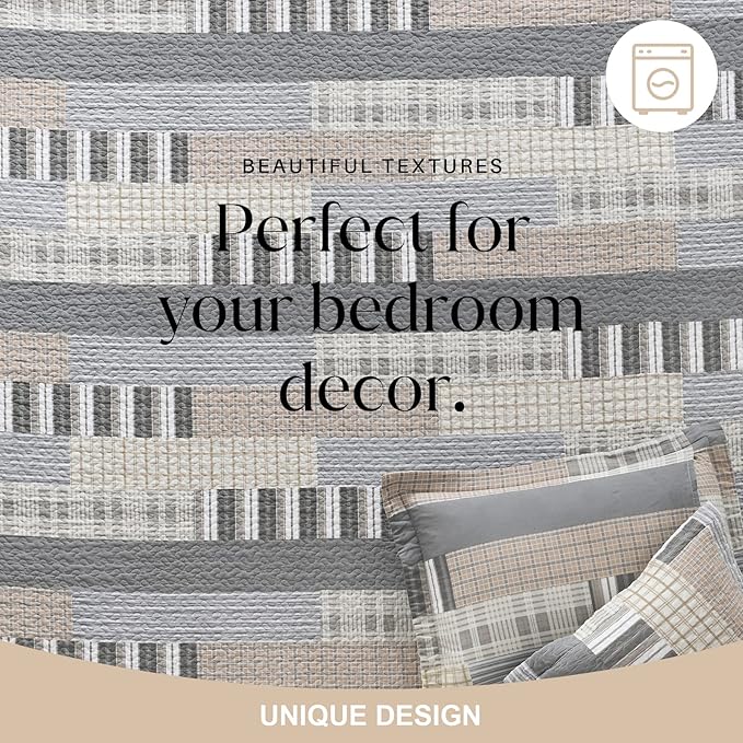 Y-PLWOMEN Quilt King Size - 100% Cotton Brown Grey King Quilt Farmhouse Plaid Quilted Bedspread, 3 Pieces Lightweight Reversible King Size Quilt Bedding Set for All Season