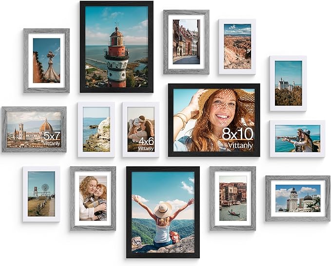Vittanly 15 Pack Picture Frames Collage Wall Decor, Multi Sizes Including 3pcs 8x10, 6pcs 5x7 and 6pcs 4x6 Photo Frames, Gallery Frame Set for Wall or Tabletop Display, Black, Grey and White