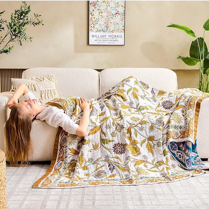 Fall Throw Blanket for Couch, Brown Boho Decorative Throw Blanket, 100% Cotton Muslin Breathable Woven Farmhouse Blankets Quilt, 50"x60" Reversible Lightweight Blankets Bohemian Throw Quilt