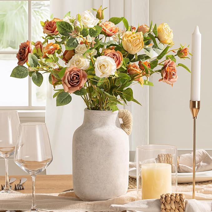 Ceramic Flower Vase Home Decor - 9.7 inch Large White Rustic Table Flowers Vases Living Room Bedroom Plant Decoration Farmhouse Vintage for Kitchen Shelf Office Coffee Dining Desk House Women