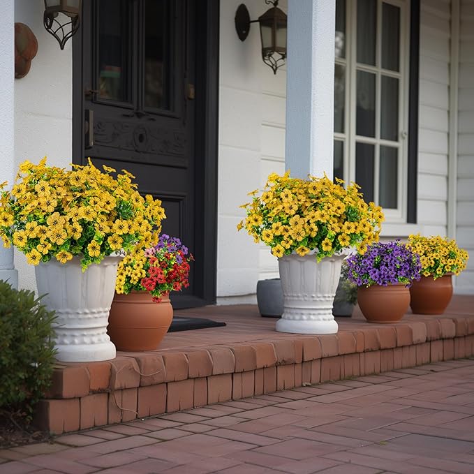 10 Bundles Artificial Faux Flowers for Outdoor,10Pcs Fake Flowers for Home Decor,Plastic Flowers Shrubs Lifelike Artificial Greenery Home Porch Stems Outside Decor(Yellow