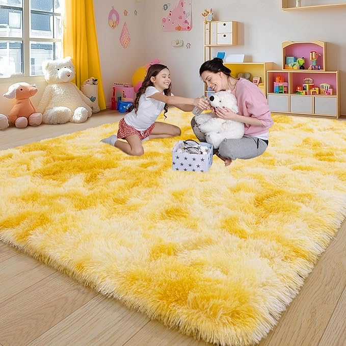Large 8x10 Area Rugs for Living Room, Tie-Dyed Yellow Soft Shag Rug for Bedroom, Non-Slip Ultra Fluffy Rug, Modern Plush Carpet for Girls Boys Kids Room Dorm, Fuzzy Rug for Home Decor Aesthetic