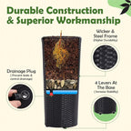 IDZO All Weather Wicker Planters for Outdoor Plants Set of 2, 24 inch Tall Black Planter for Front Porch, Patio, Balcony, Indoor Usage - Round Rattan Flower Pots