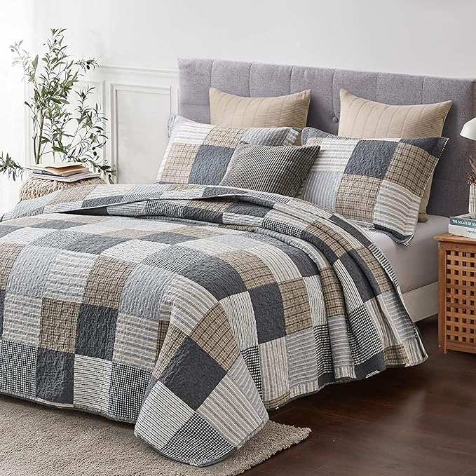 PANGUSHAN Twin Size Quilt Set,100% Cotton Quilt,Patchwork Plaid Quilt Bedding Set Bedspreads,Gray(Grey)/Black/Tan/White/Cream Quilt for Twin Bed,Reversible Lightweight Comforter Bed Set,2 Pieces