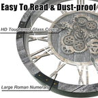 DORBOKER 24" Large Wall Clock with Moving Gears,Oversize Vintage Industrial Rustic Farmhouse Clocks for Living Room Decor Office Home,Solid Wood HD Tempered Glass Cover,Carbon Grey