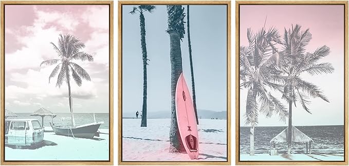 SIGNWIN Framed Canvas Print Wall Art Set Vintage Retro Hawaiian Island Hut Surfboard Nature Wilderness Photography Modern Art Landscape Relax/Calm for Living Room, Bedroom, Office - 24"x36"x3 Natural