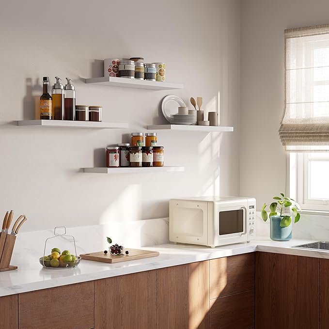 23’’White Floating Shelves for Wall,Rustic Wood Shelf for Room Decor/Storage/Display,Small Bookshelf,Wall Mounted Hanging Shelves for Bedroom, Bathroom, Living Room, Kitchen,Set of 4