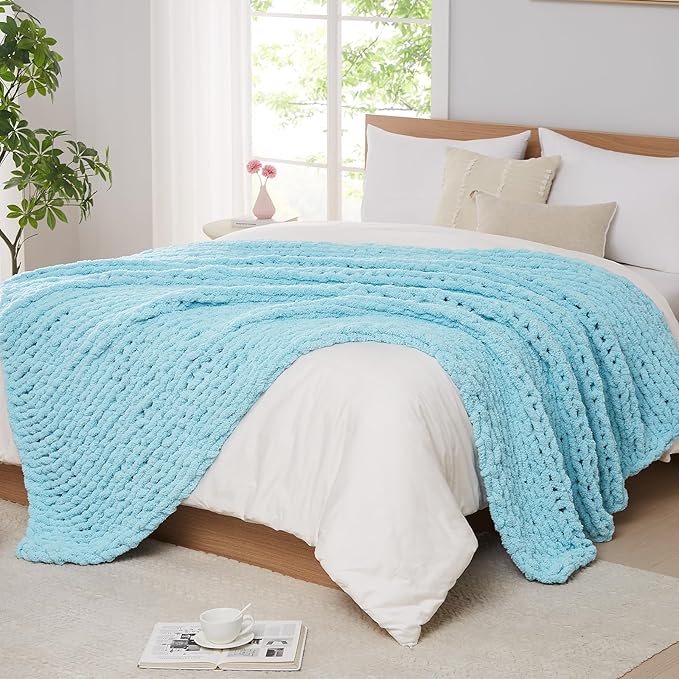 L'AGRATY Chunky Knit Throw: 80''x90'' Chenille Blanket for Bed Couch - Handmade Thick Big Cable Knit - Large Crochet Throw for Home Decor (Light Blue)