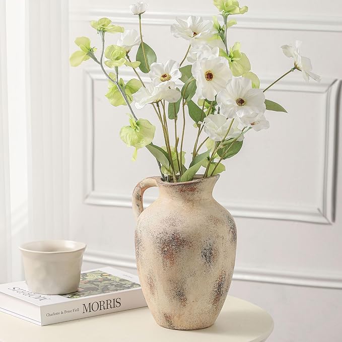 Vintage Farmhouse Pottery Vase, 9.7 inch Handcrafted Decorative Ceramic Vase for Home, Dining Table, Bathroom, or Bookshelf Accents